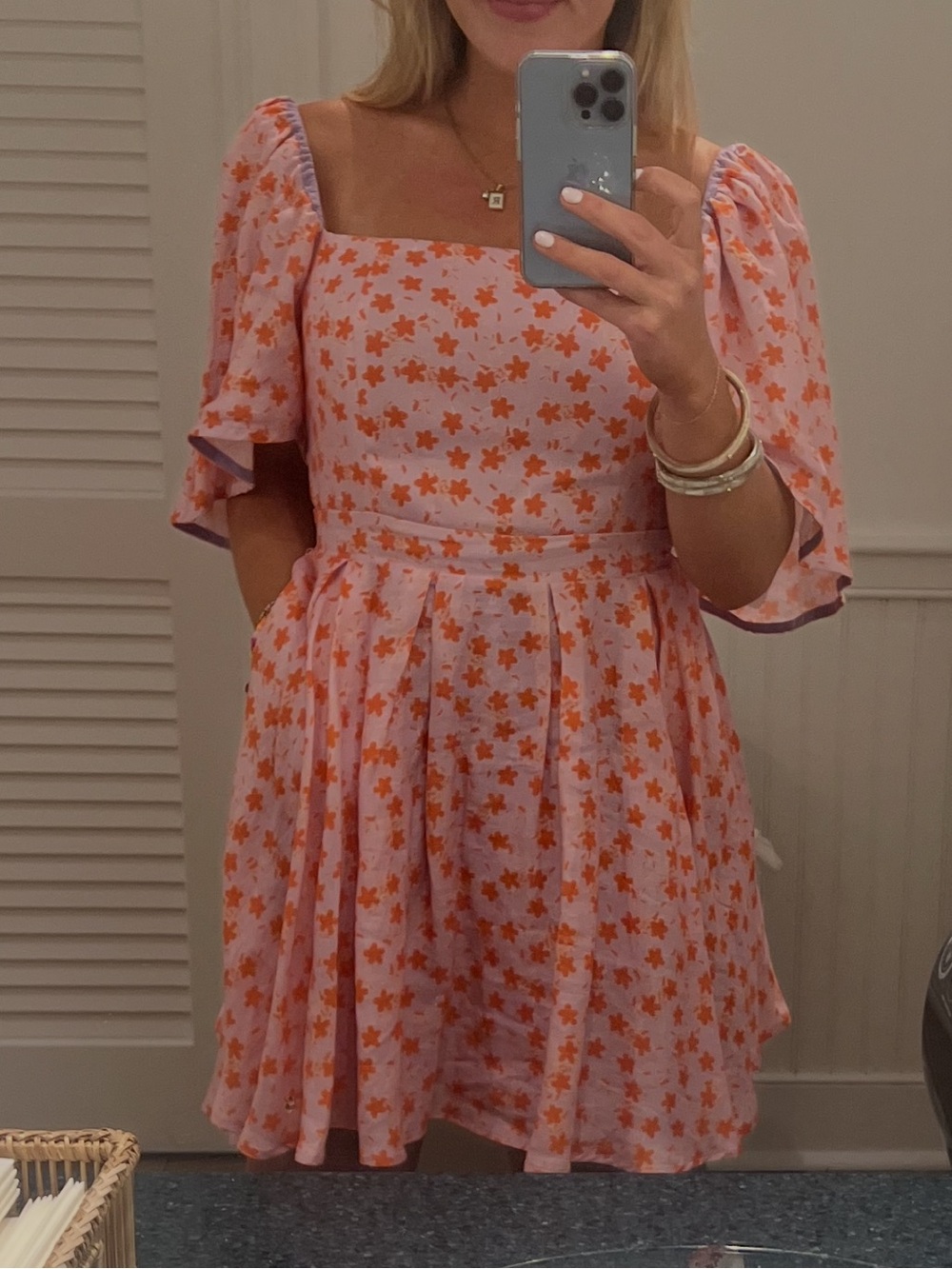 Square-Neck Mini Linen Dress in Pink and Orange Floral